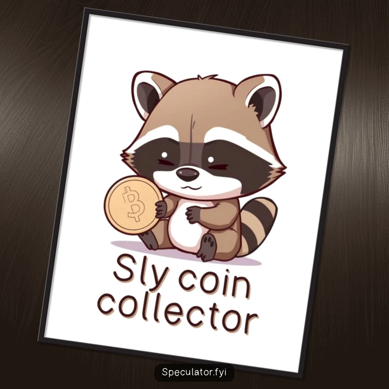 Funny Raccoon Digital Art Print: a shrewd raccoon examines a coin with a sly grin, delivering instant humorous visual appeal.