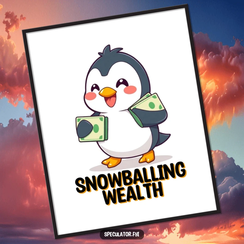 Funny smiling penguin digital art print, waddling with a stack of bills, humorous wall decor.
