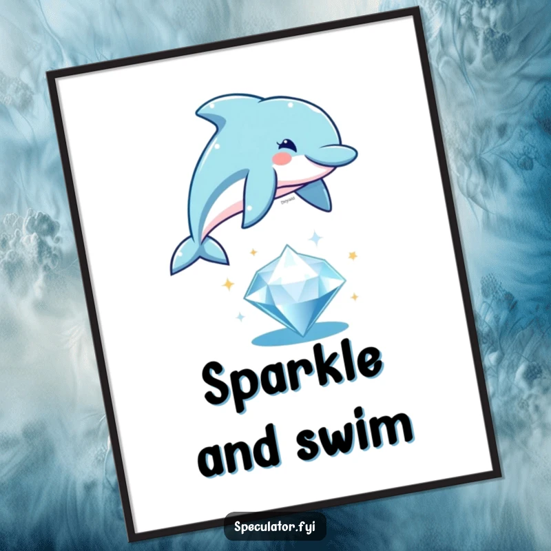 Funny playful dolphin digital art print, leaping over a sparkling diamond, humorous wall decor.