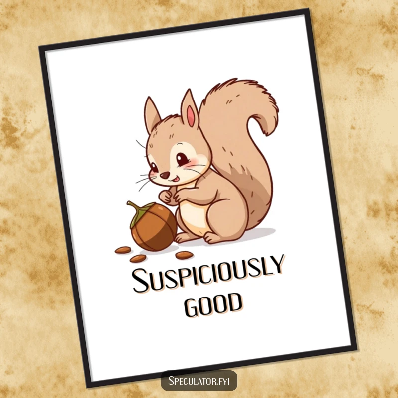 Funny squirrel digital art print, bushy tail alert, suspiciously eyeing a nut, instant wall decor.