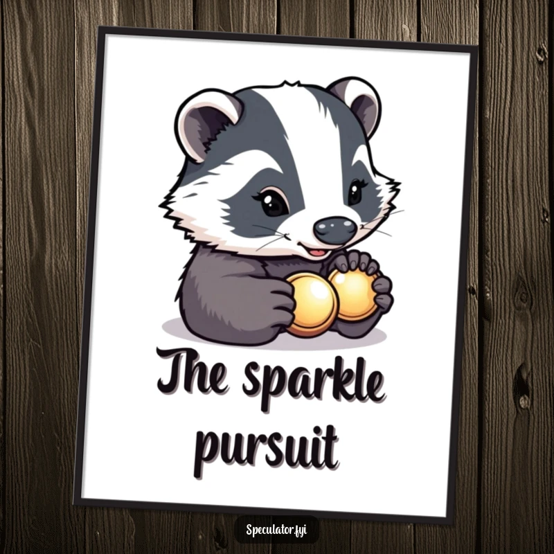 Funny determined badger with a bright smile carefully inspecting a shiny button, digital art print, humorous and detailed.