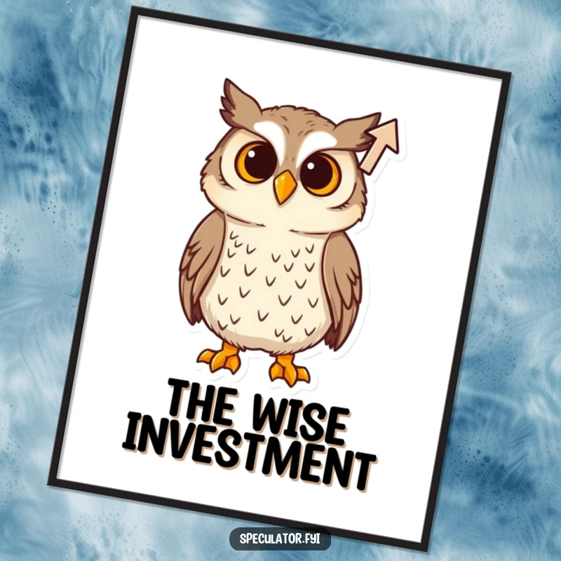 Funny Digital Art: High-resolution print of a curious owl observing a rising arrow, symbolizing insight and intellectual curiosity.