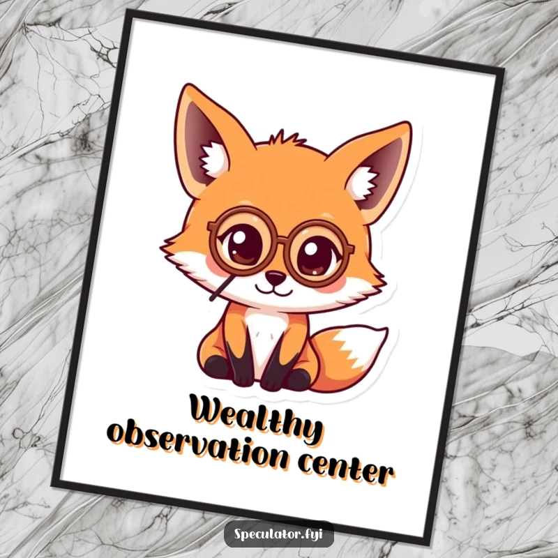 Funny kawaii fox wearing a monocle and peering intently at a coin, available as an instant download for humorous wall art.
