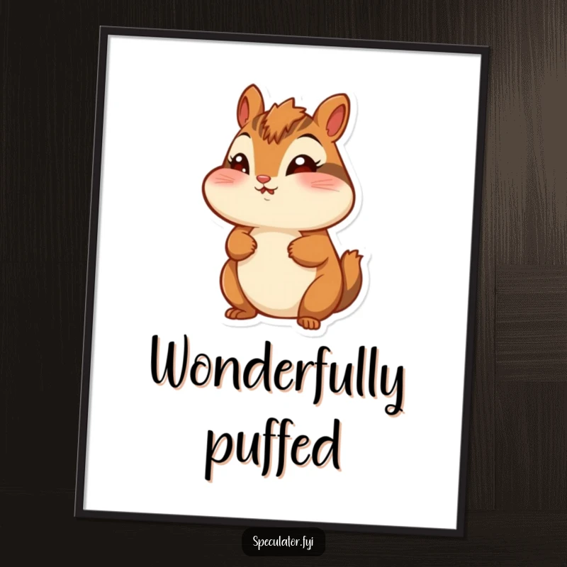 Funny chipmunk digital art print, cheeks puffed, looking around with wonder, instant cheerful wall art.