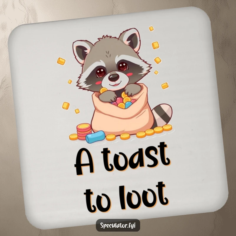 Funny raccoon drink coasters with a character peeking into a bag of riches, providing humor and protection.