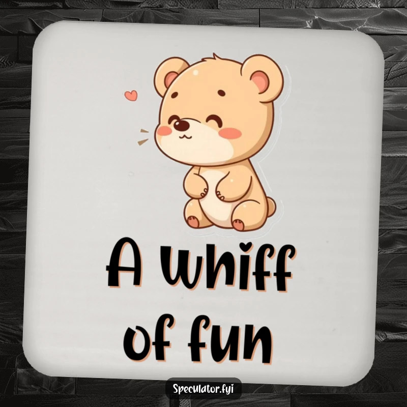 Funny drink coaster featuring a small bear cub with a curious expression, sniffing the air, protecting surfaces with adorable innocence. A charming funny gift.