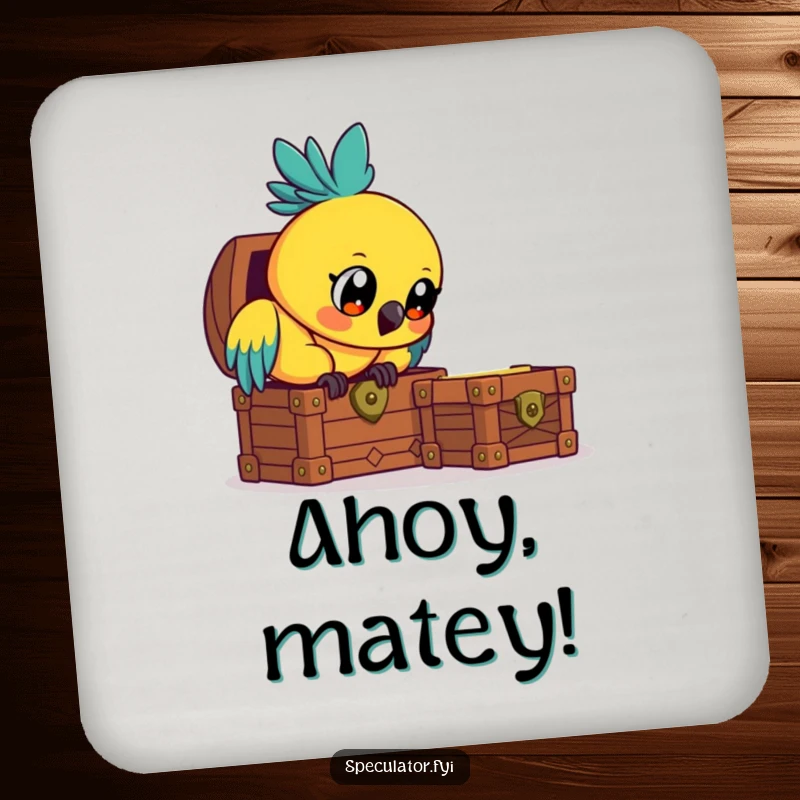 Funny curious parrot coaster, eyes fixed on a treasure chest, protecting surfaces with avian humor.