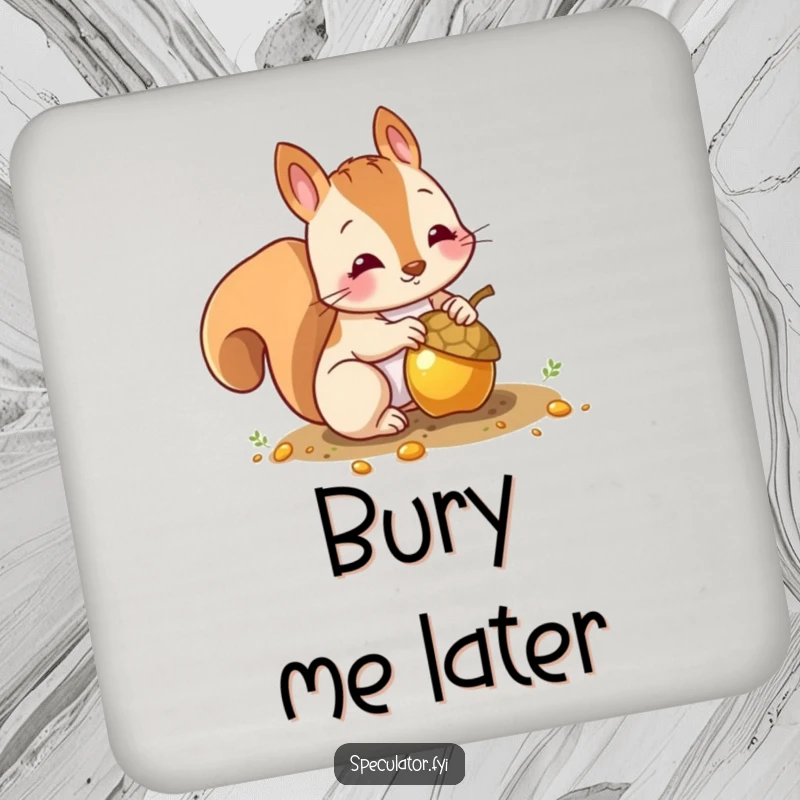 Funny squirrel drink coasters with a character burying a shiny gold acorn, providing humor and protection.