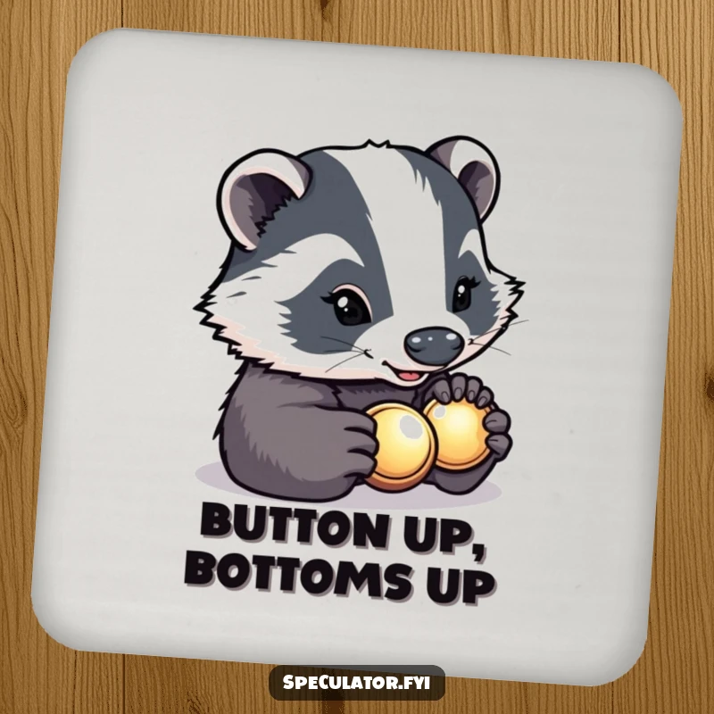 Funny determined badger with a bright smile carefully inspecting a shiny button on a drink coaster, humorous and protective.