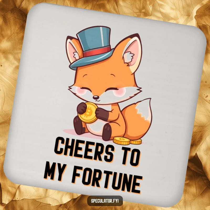 Funny drink coaster featuring a dapper fox in a small top hat, examining a gold coin, for stylish surface protection.