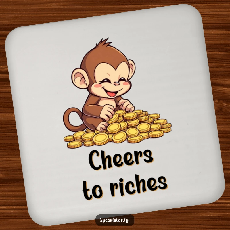 Funny cheeky monkey coaster, gleefully examining coins, protecting surfaces with primate humor.