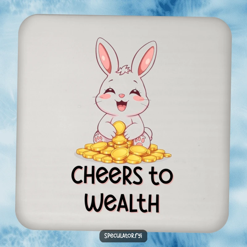 Funny Giggling Bunny Coin Coaster featuring a happy bunny holding shiny coins, perfect for adding charming humor and protecting surfaces.
