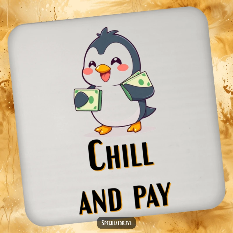 Funny smiling penguin coaster, waddling with a stack of bills, protecting surfaces with waddler humor.