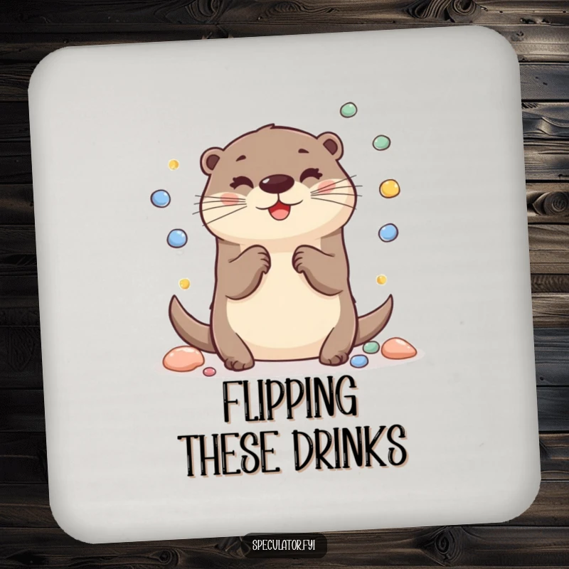 Funny Otter Drink Coaster: A cheerful otter juggles pebbles on a coaster, adding playful humor.