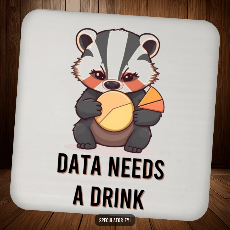 Funny drink coaster with a serious badger analyzing a pie chart, protecting surfaces with analytical humor.