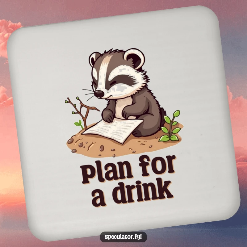 Funny thoughtful badger character coaster sketching a plan in the dirt with a twig, practical and humorous for protecting surfaces.