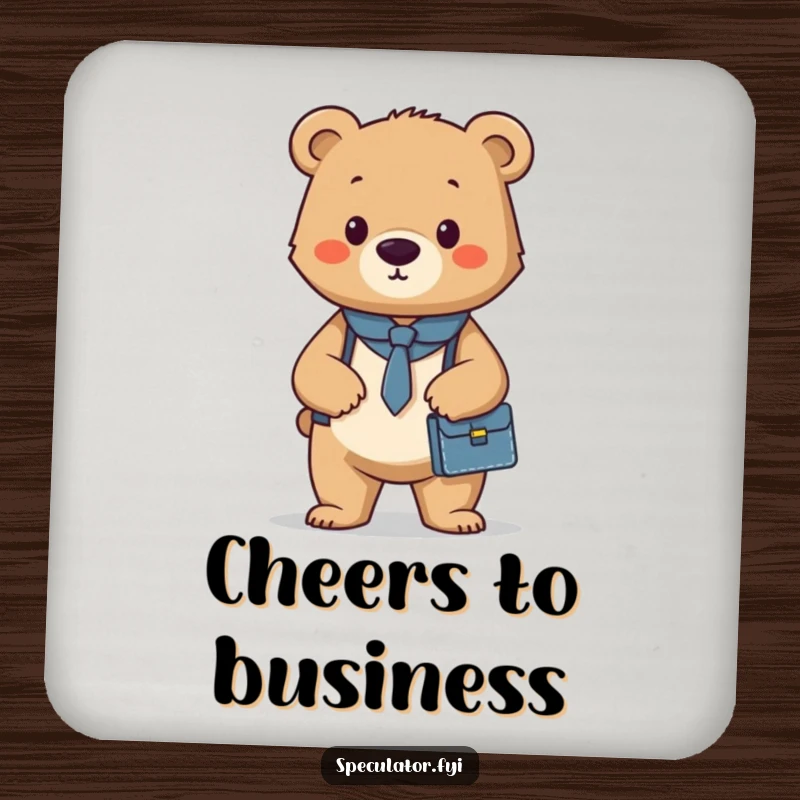 Funny coaster set featuring a confident bear cub with a briefcase, offering surface protection with a humorous and professional theme.