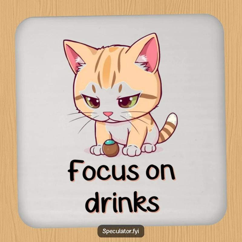 Funny cat character coaster intensely focused on a small moving object, practical and humorous for protecting surfaces with feline charm.