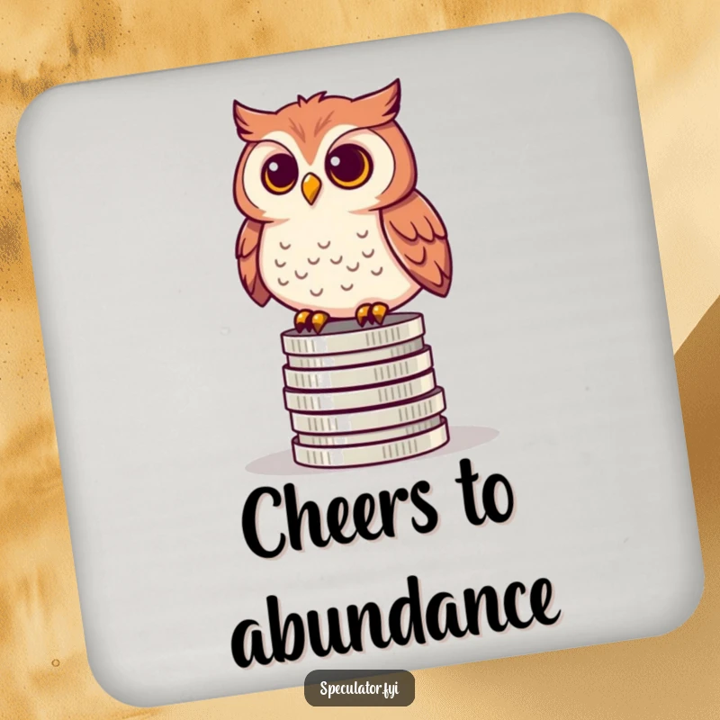 Funny drink coaster featuring a curious owl perched on a stack of coins, adding a wise and humorous touch to any surface.