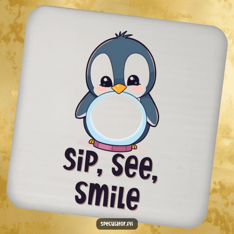 Funny curious penguin smiling while peering into a crystal ball on a drink coaster, humorous and decorative.