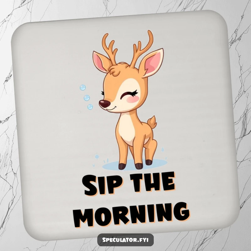 Funny drink coaster featuring a delighted deer admiring a dewdrop, adding a peaceful and humorous touch to tabletops.