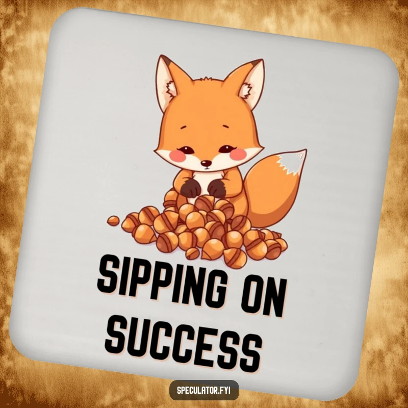 Funny Fox Coaster: a resourceful fox counts shiny acorns, offering a humorous and functional surface protector.