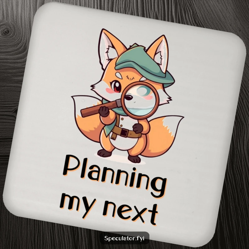 Funny fox drink coasters with a character examining a map with a magnifying glass, providing humor and protection.