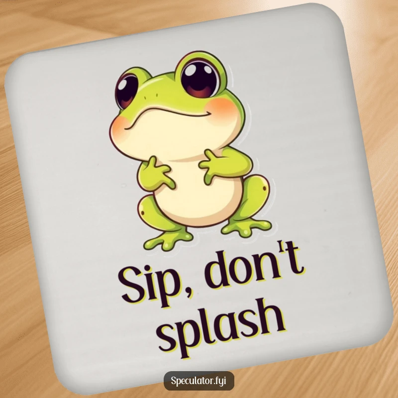 Funny drink coaster showcasing a hopping frog with a speculative upward gaze, adding humor to surface protection.