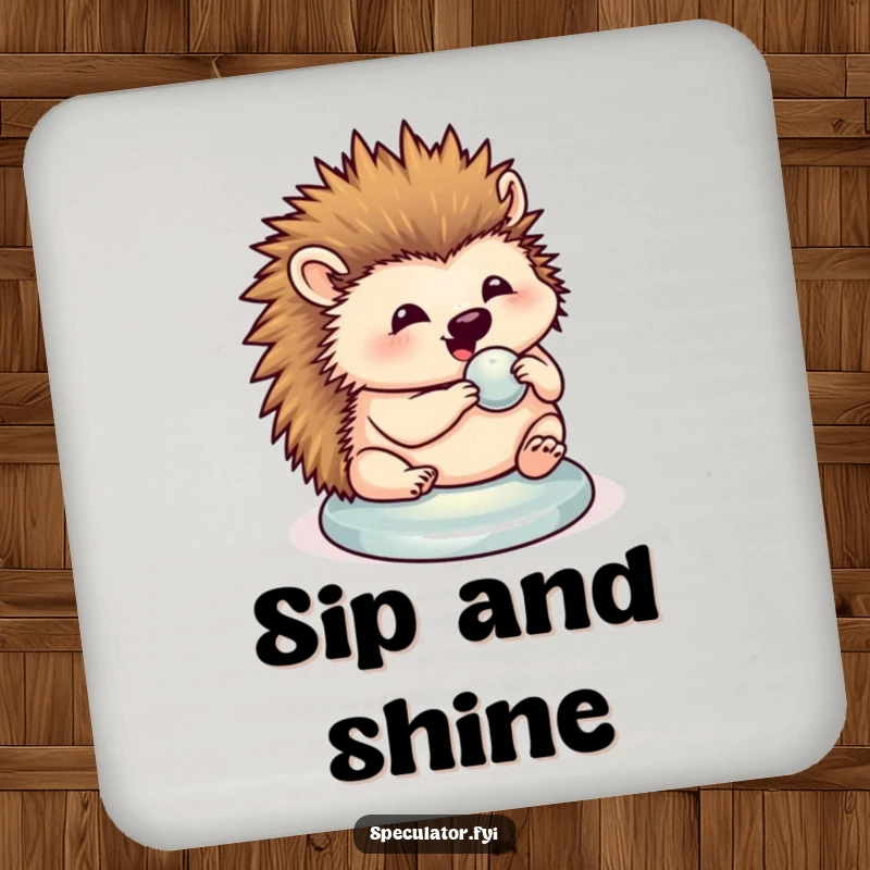 Funny hedgehog coaster featuring a hedgehog polishing a button, adding cute humor to surface protection.