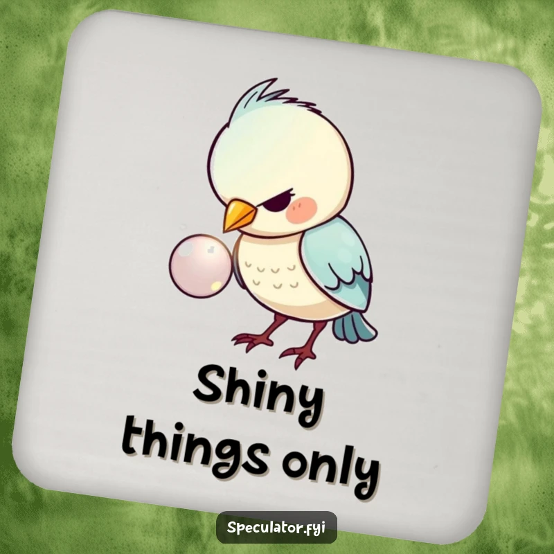 Funny drink coasters featuring a kawaii bird with intense focus on a shiny button, adding humorous and protective flair.