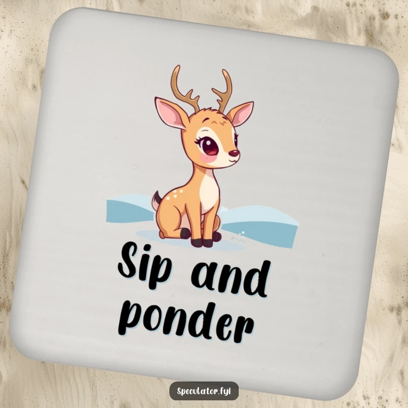 Funny kawaii deer coaster, featuring a thoughtful deer looking at a distant horizon, protecting surfaces with calm.