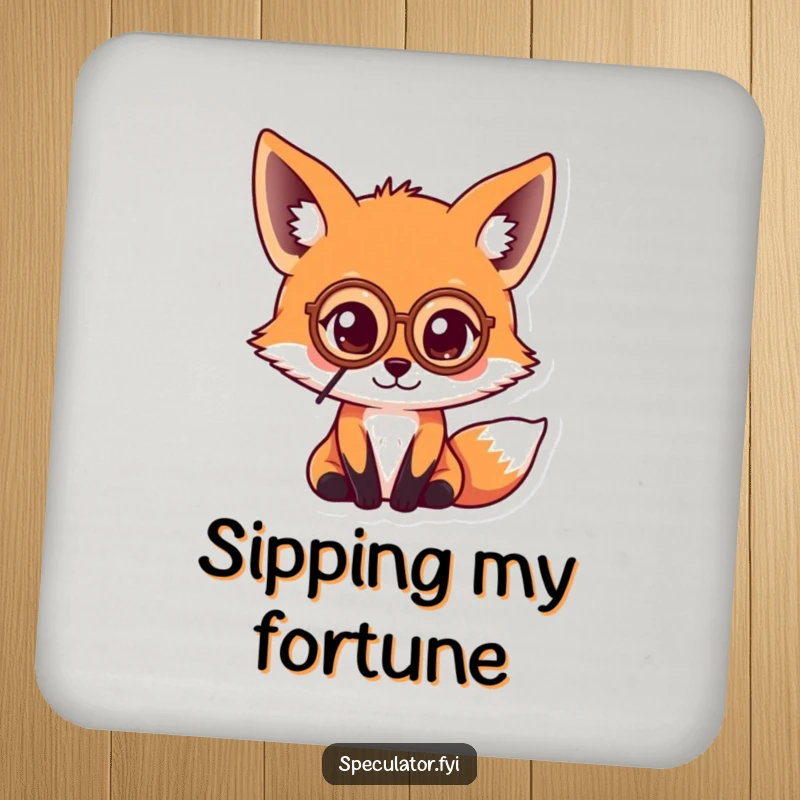 Funny kawaii fox wearing a monocle and examining a coin, adding humor and protection to drink surfaces.