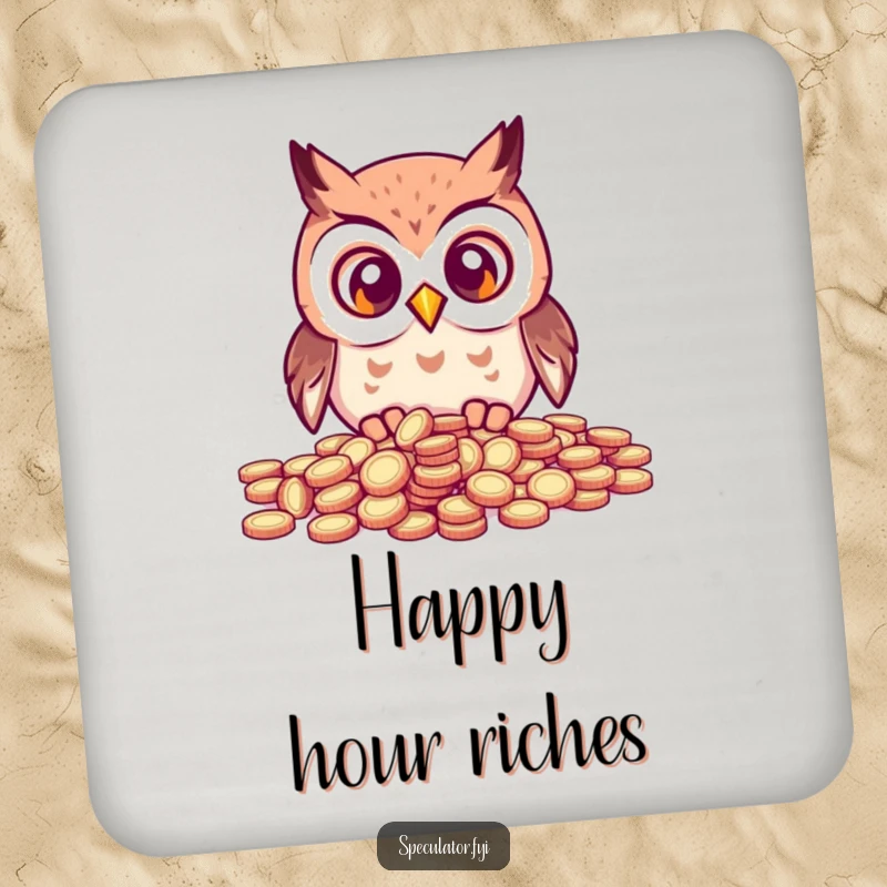 Funny kawaii owl with wide eyes looking at a scattered pile of coins, adding humor and protection to drink surfaces.