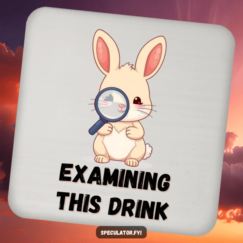 Funny kawaii rabbit character holding a magnifying glass and examining a tiny object on a drink coaster.