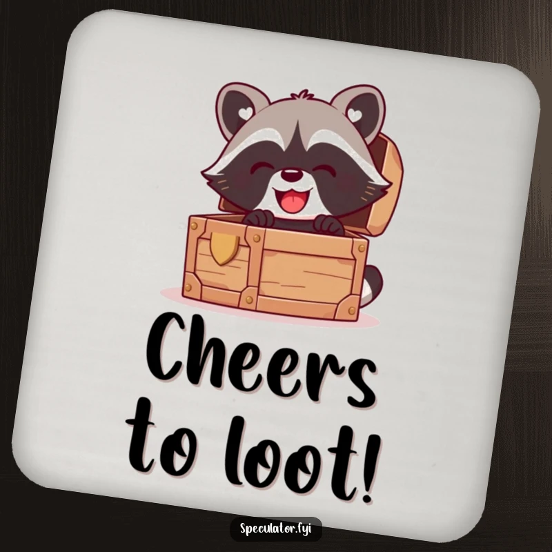 Funny kawaii raccoon coaster, featuring a gleeful raccoon discovering treasure in a chest, protecting tables humorously.