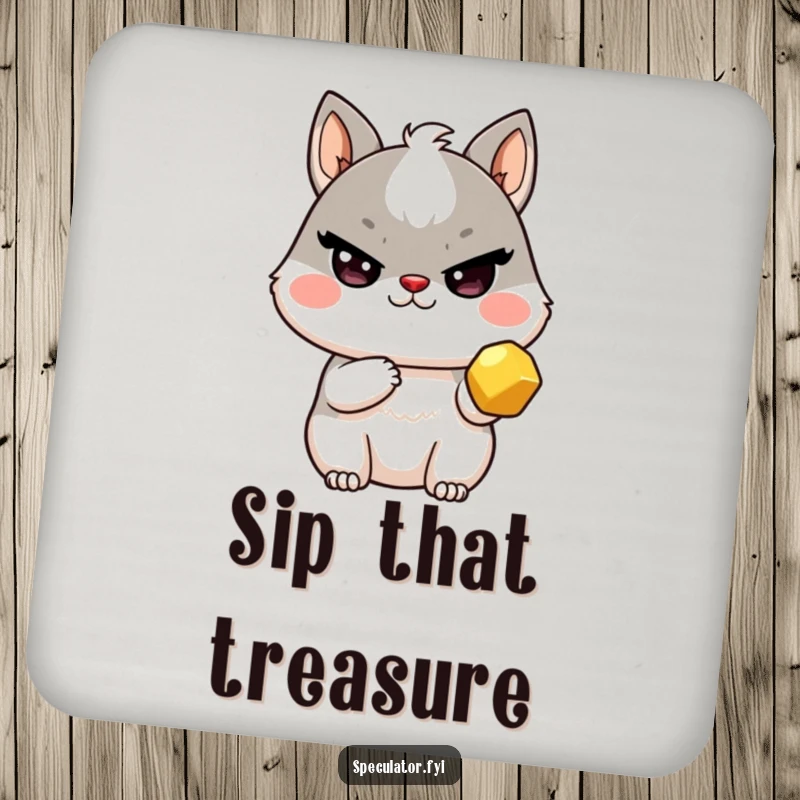 Funny Kawaii animal coasters with sly wink holding a golden nugget, stylish protection and a funny gift.