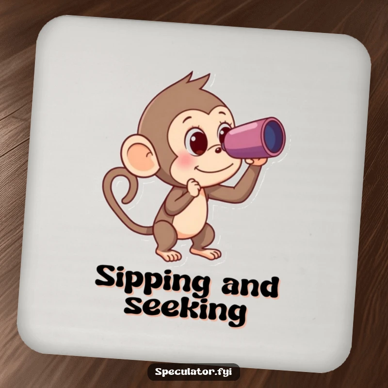 Funny Monkey Coaster: a curious monkey uses a spyglass to find a banana, offering a funny and functional surface protector.