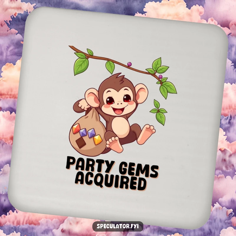 Funny drink coaster depicting a playful monkey swinging from a vine with a bag of gems, for protected and stylish surfaces.