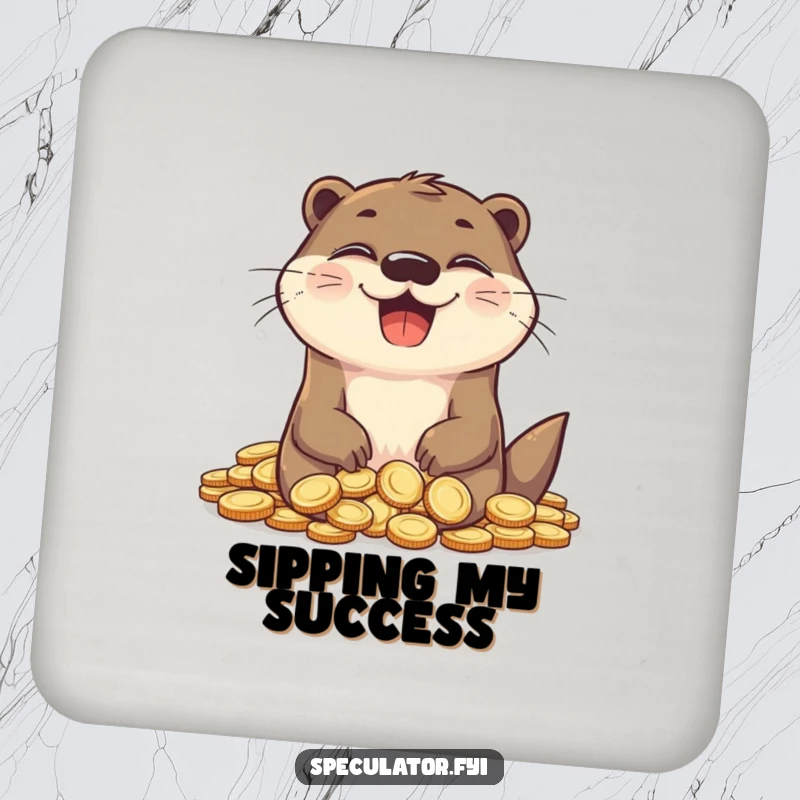 Funny otter drink coaster, grinning with joy, surrounded by coins, protects surfaces humorously.