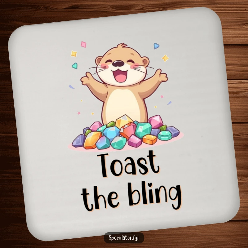 Funny coaster set featuring a joyful otter dancing around gems, offering surface protection with a humorous and sparkling theme.