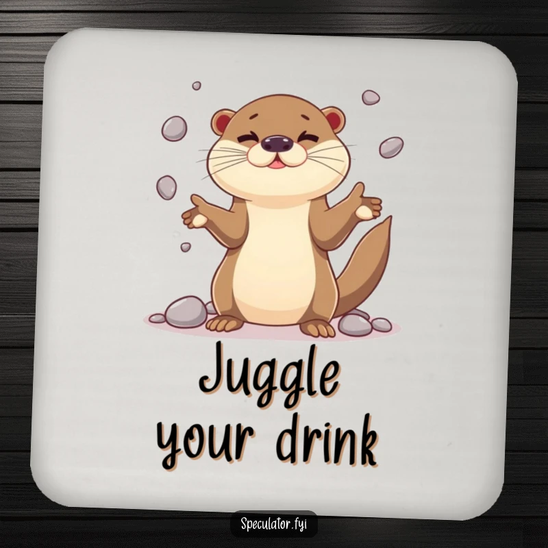 Funny playful otter character coaster juggling shiny pebbles with impressive dexterity, practical and humorous for protecting surfaces.