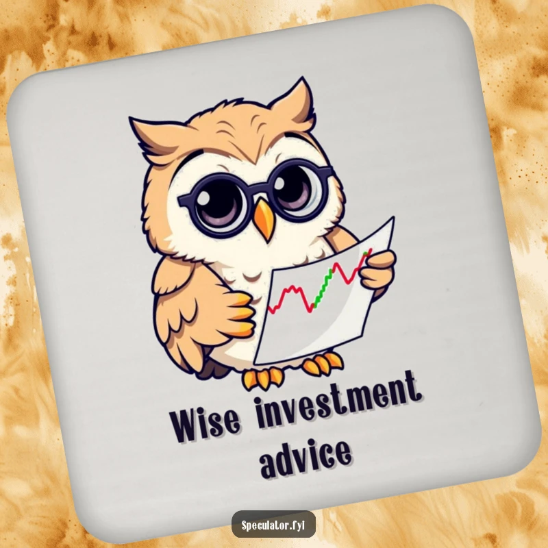 Funny owl in a monocle, looking at stock charts, on drink coasters, adding humor to any surface.
