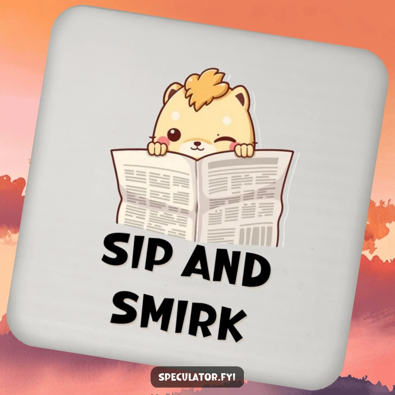Funny creature peeking from behind a newspaper with a knowing smirk, featured on a set of funny drink coasters.