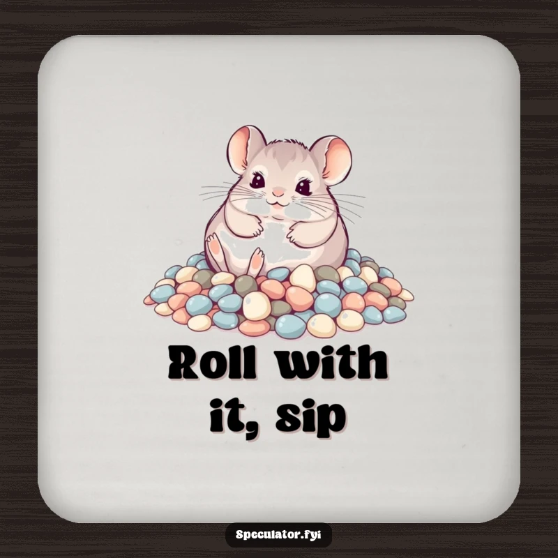 Funny playful chinchilla rolling in shimmering pebbles on a drink coaster, humorous and decorative.