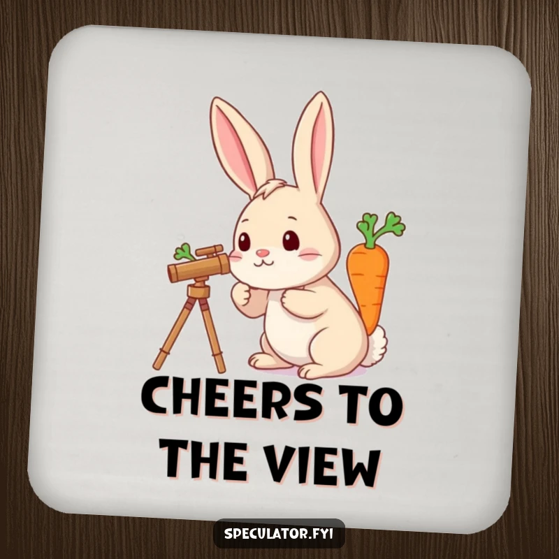 Funny drink coaster depicting a rabbit using a telescope to spot a carrot, for protected and stylish surfaces.