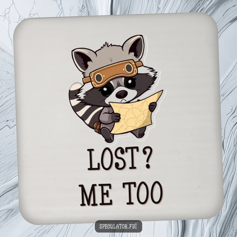 Funny drink coaster featuring a determined raccoon wearing a mask, examining a treasure map, protecting surfaces with humorous adventure. A charming funny gift.