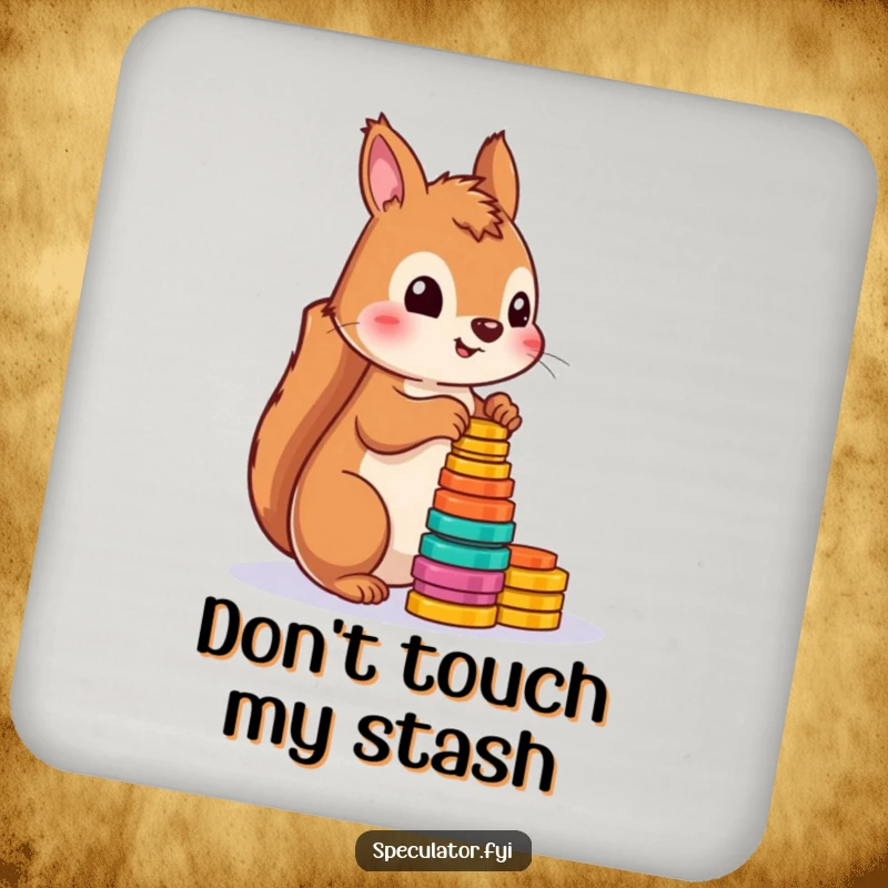 Funny drink coaster with a cute squirrel counting colorful tokens, protecting surfaces with humor.