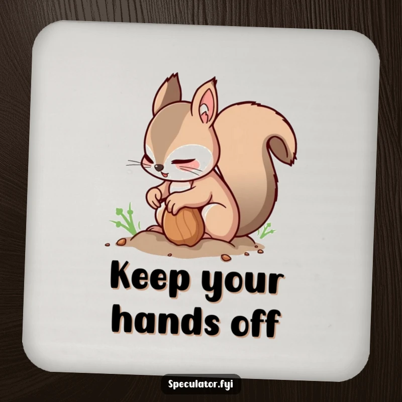 Funny Squirrel Coaster: a nimble squirrel buries a nut while glancing around, offering a humorous and functional surface protector.