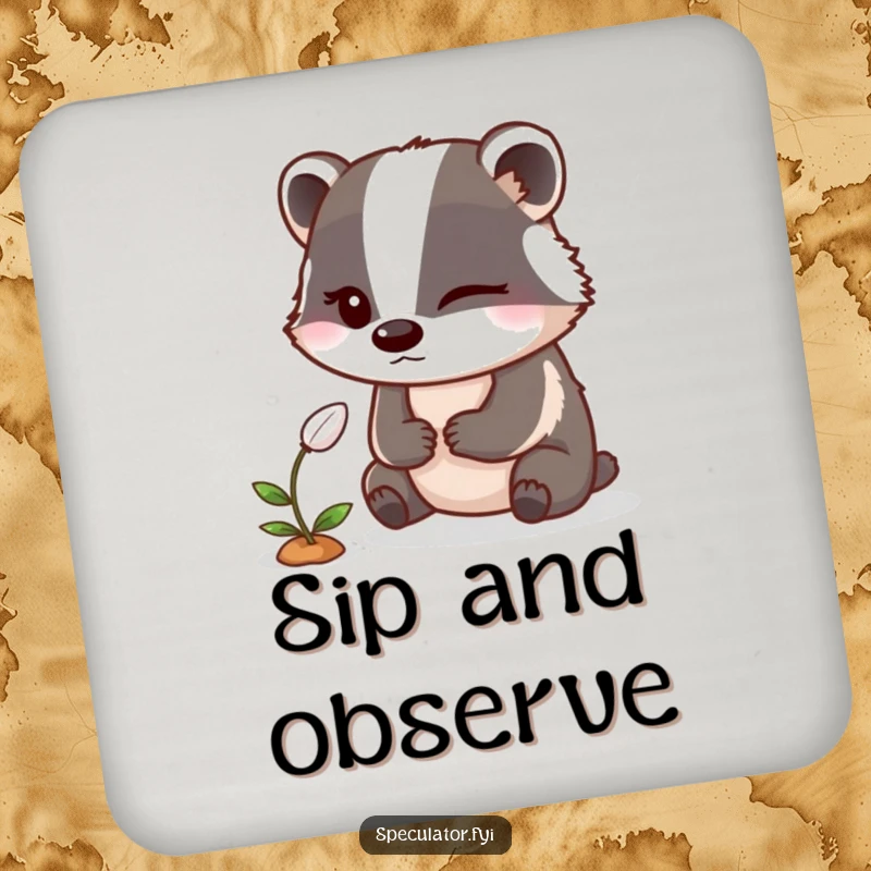 Funny Badger Drink Coaster: A winking badger watches a sprouting seed on a coaster, adding sneaky humor.