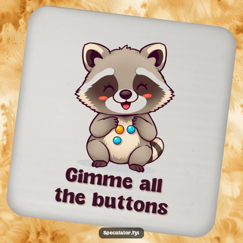 Funny drink coaster with a giggling raccoon counting its shiny buttons, adding a humorous and protective element to any table.
